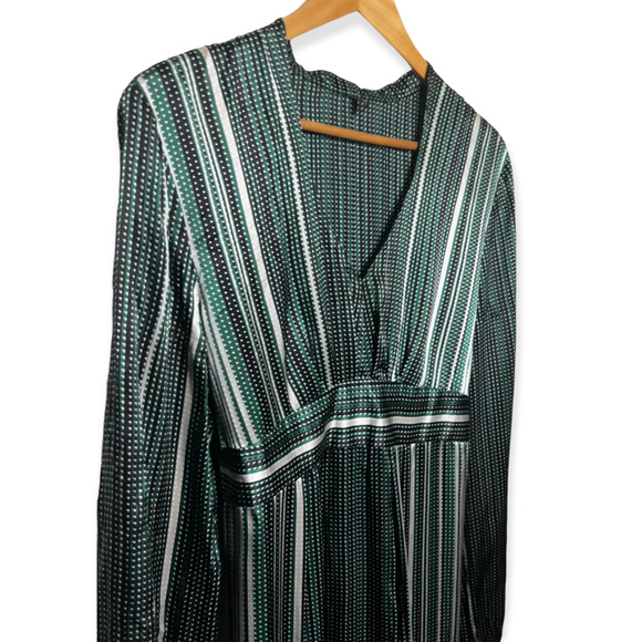 Tahari Women's Green Silk V-Neck Empire Waist Tie Back Striped Dress Size 10 - Picture 12 of 16